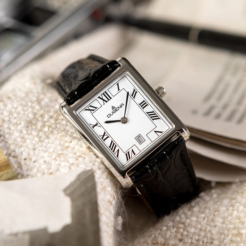 DUGENA - Quadra Classica Weiß Silber Lederband Schwarz