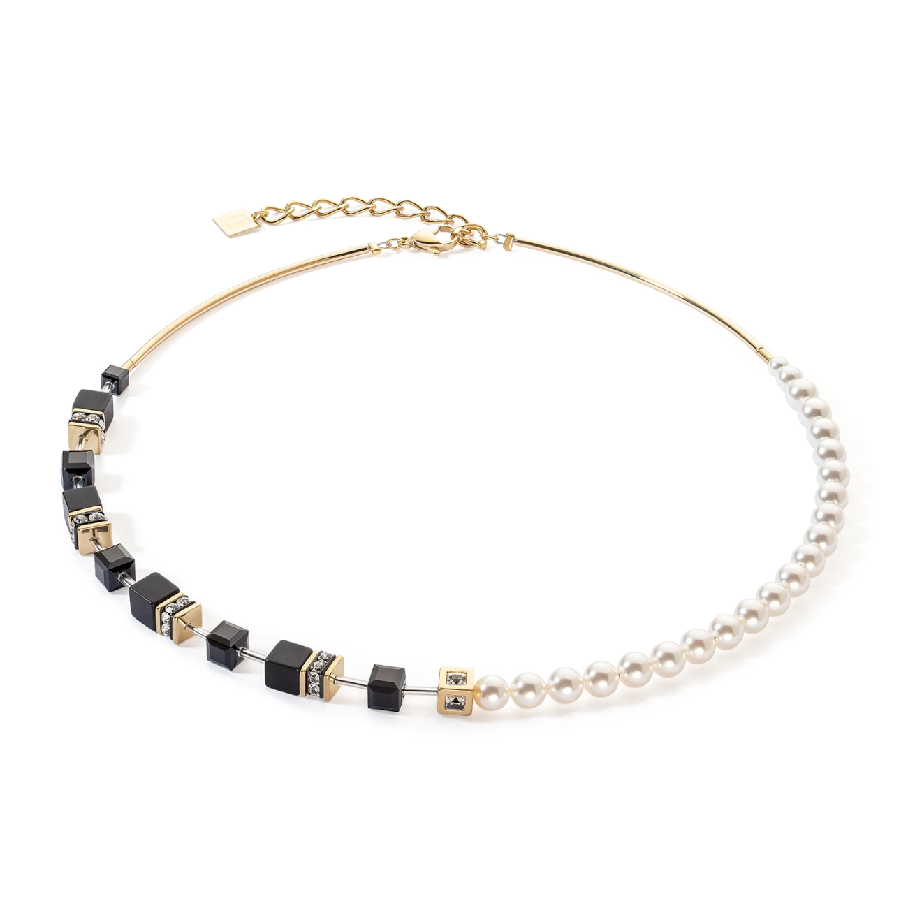 COEUR DE LION - Halskette GeoCUBE® Precious Fusion Schwarz mit Perlen in Edelstahl Gold