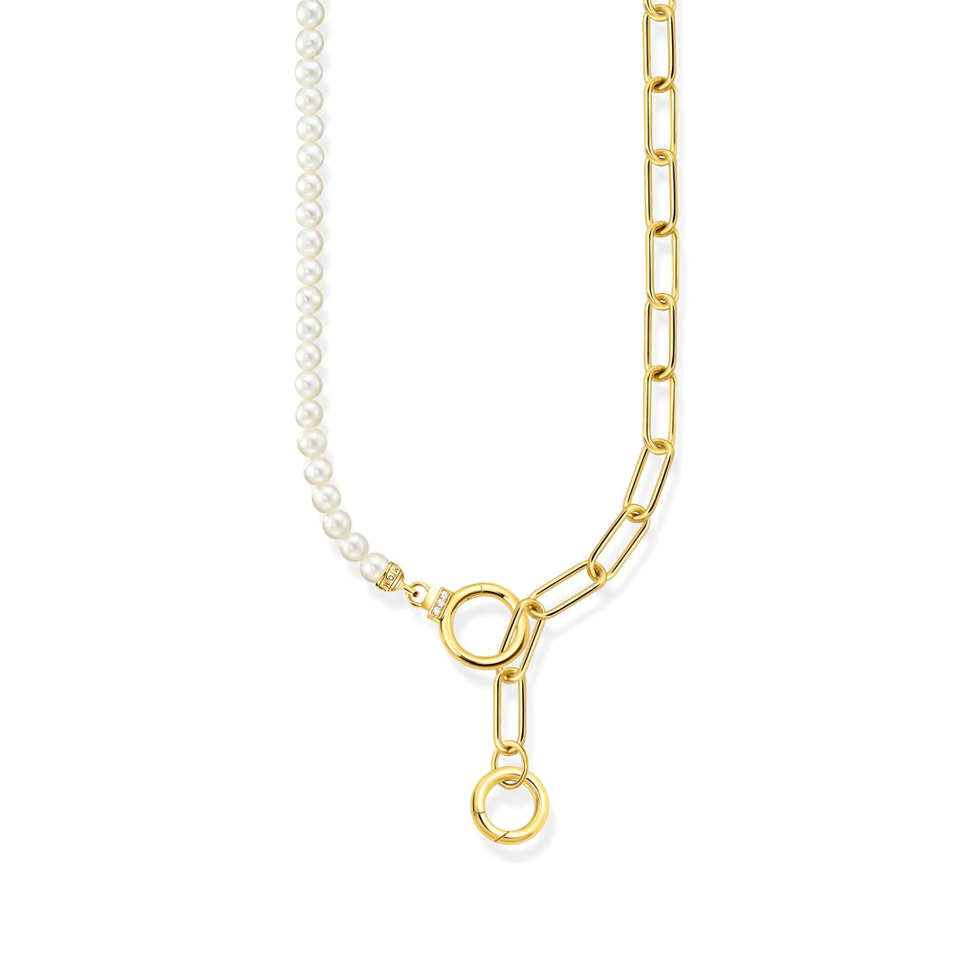 THOMAS SABO - Halskette in Silber vergoldet aus Süßwasserzuchtperlen und Gliederkette mit weißen Steinen - Juwelier Donkel