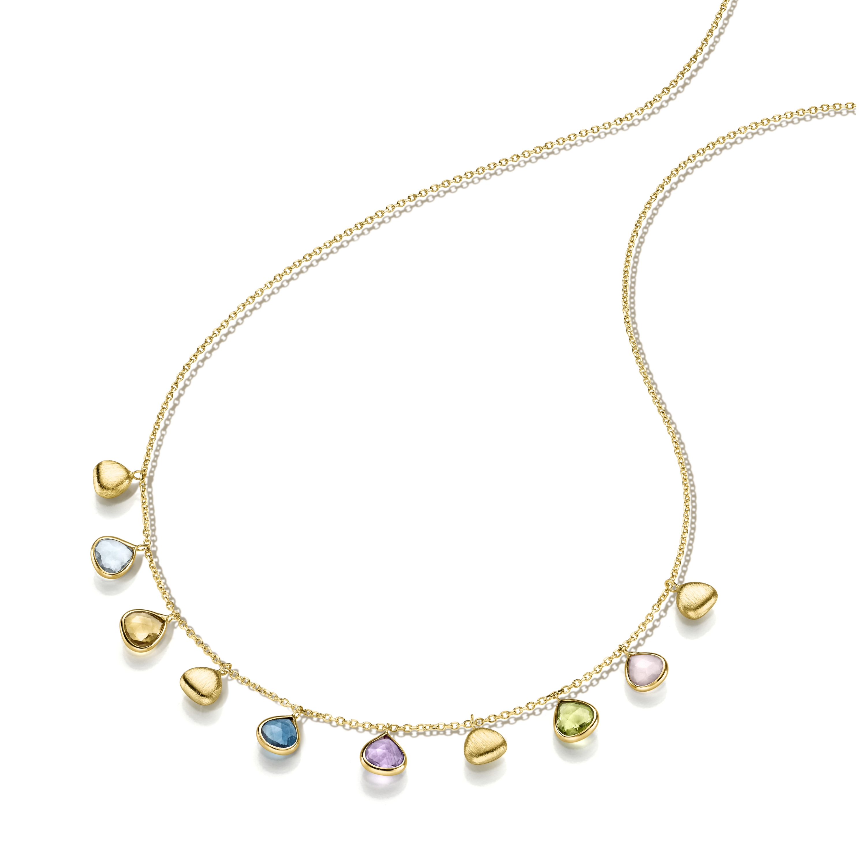 WILHELM MÜLLER - Halskette in Gold mit Tropfenförmigem Rosenquarz, Citrin, Amethyst, Peridot, Blautopas und Blautopas London Blue - Juwelier Donkel