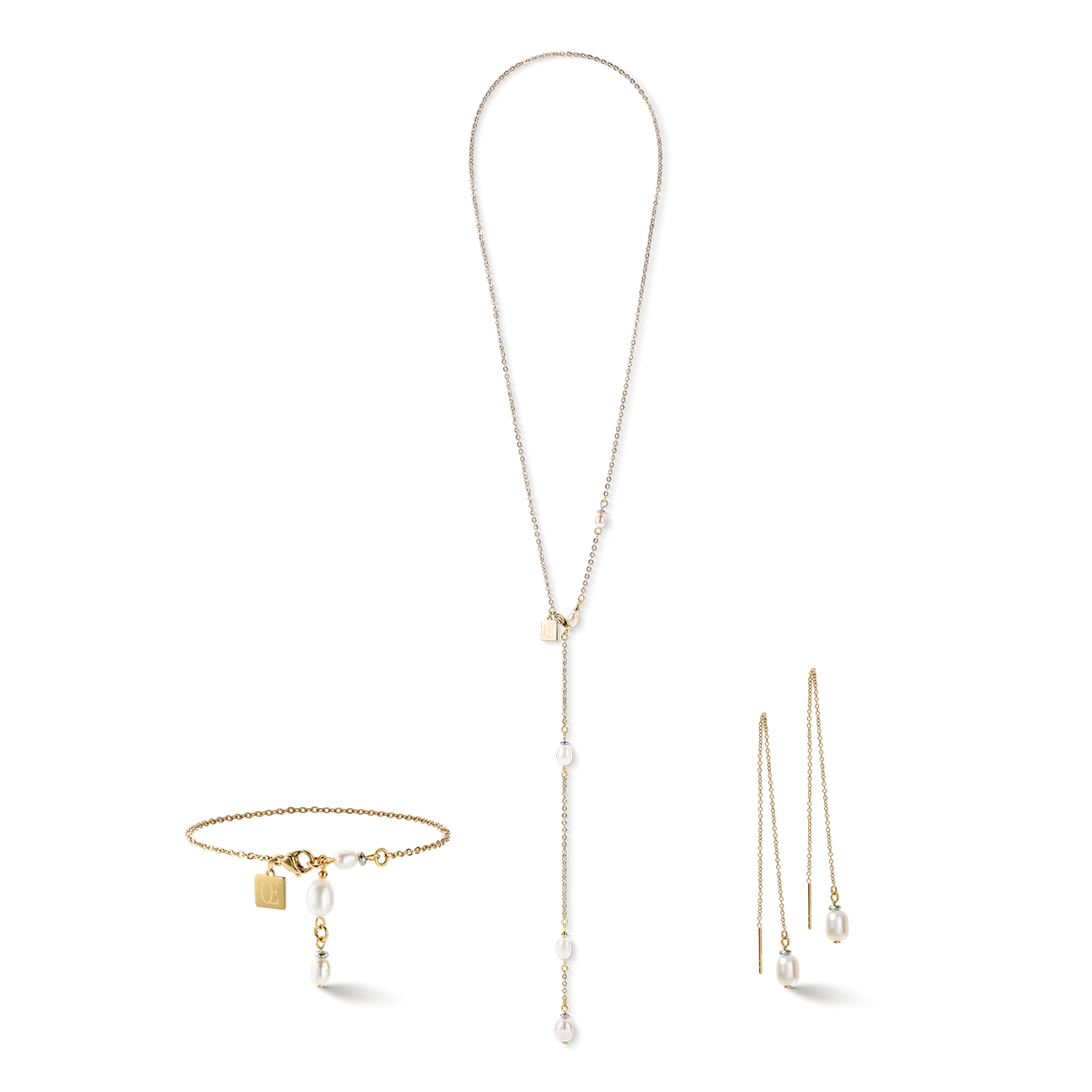 COEUR DE LION - Ohrhänger Y Kette & ovale Süßwasserperlen Edelstahl vergoldet - Juwelier Donkel