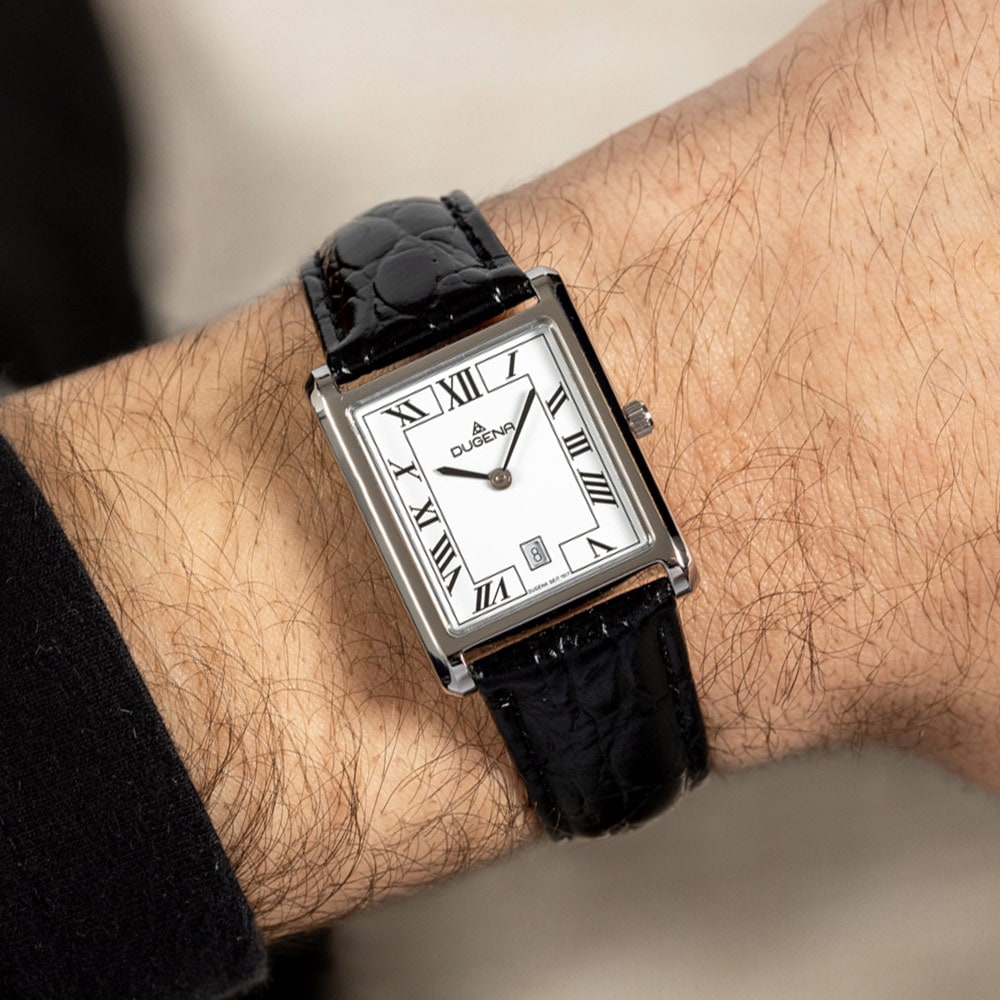 DUGENA - Quadra Classica Weiß Silber Lederband Schwarz