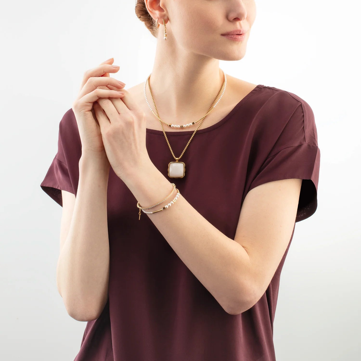 COEUR DE LION - Halskette Amulett Spikes Square Jade Gold-Weiß