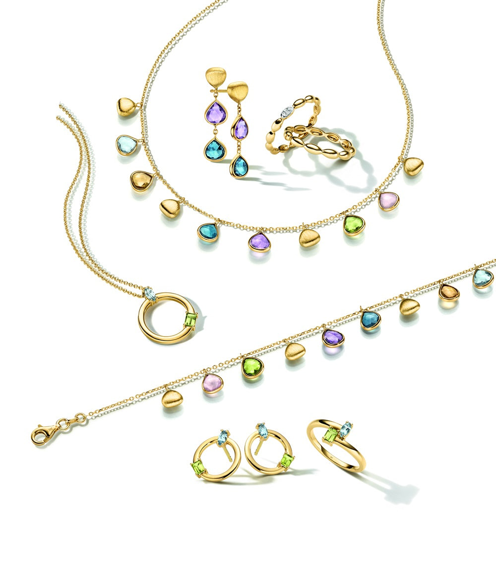 WILHELM MÜLLER - Halskette in Gold mit Tropfenförmigem Rosenquarz, Citrin, Amethyst, Peridot, Blautopas und Blautopas London Blue