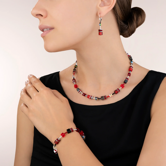 COEUR DE LION - Halskette GeoCUBE® rot-hämatit in Edelstahl Grau