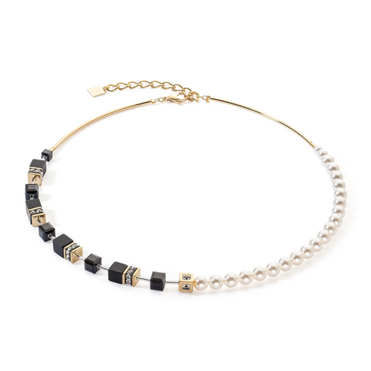 COEUR DE LION - Halskette  GeoCUBE® Precious Fusion Schwarz mit Perlen in Edelstahl Gold