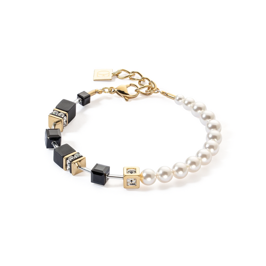 COEUR DE LION - Armkette GeoCUBE® Precious Fusion Schwarz mit Perlen in Edelstahl Gold