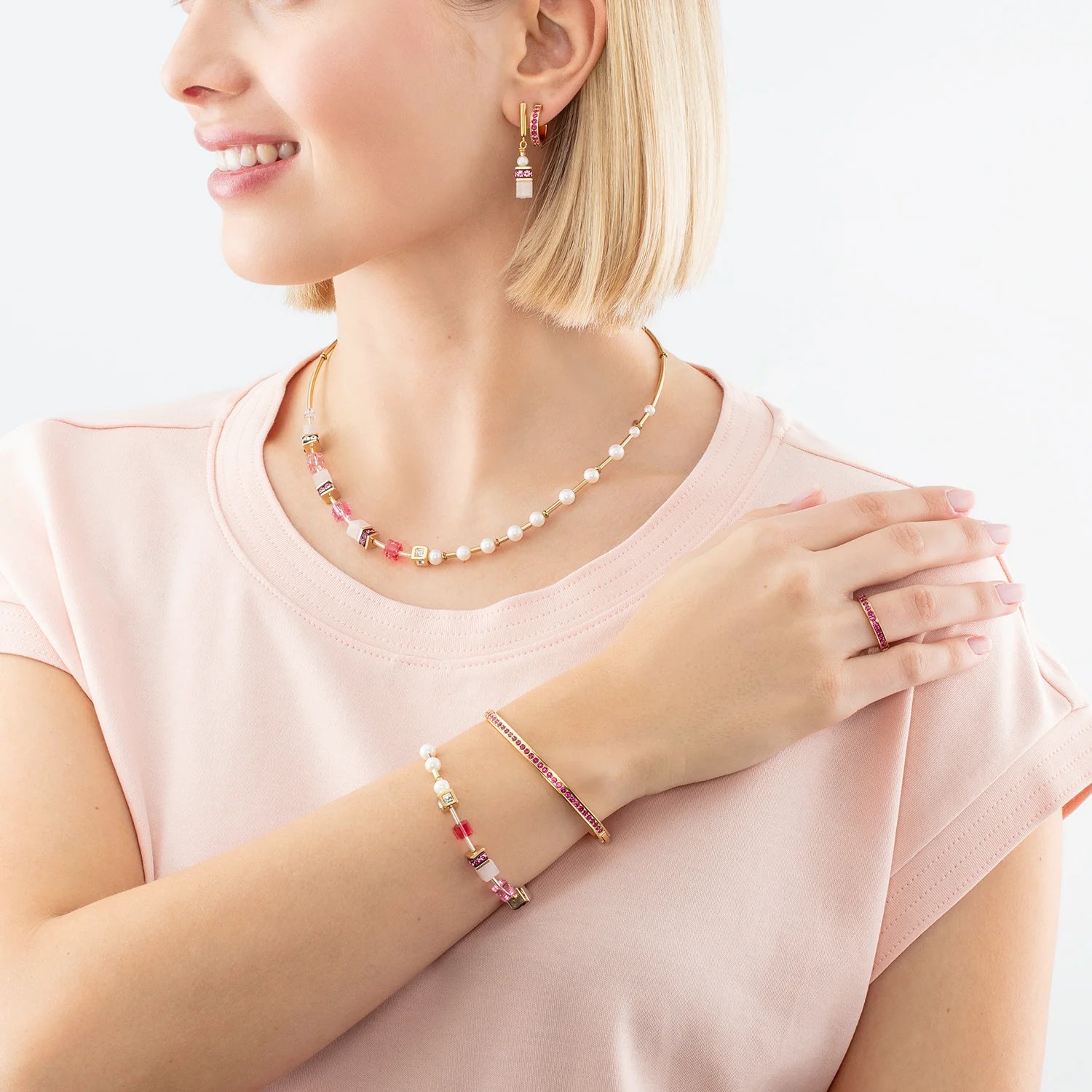 COEUR DE LION - Halskette GeoCUBE® Fusion Precious Pearl Mix pink Edelstahl vergoldet